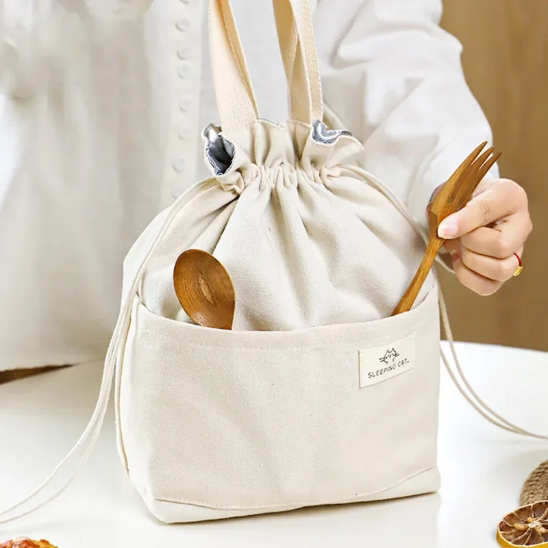 Drawstring Canvas Insulated Lunch Bag Thicken Aluminium Foil Thermal Bento Box Tote Cooler Handbags Picnic Food Dinner Container