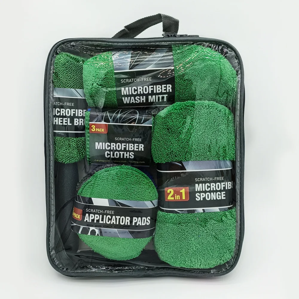 9 Piece Car Wash Kit Microfiber Towel Wax Applicator Pads Sponge Wheel Brush