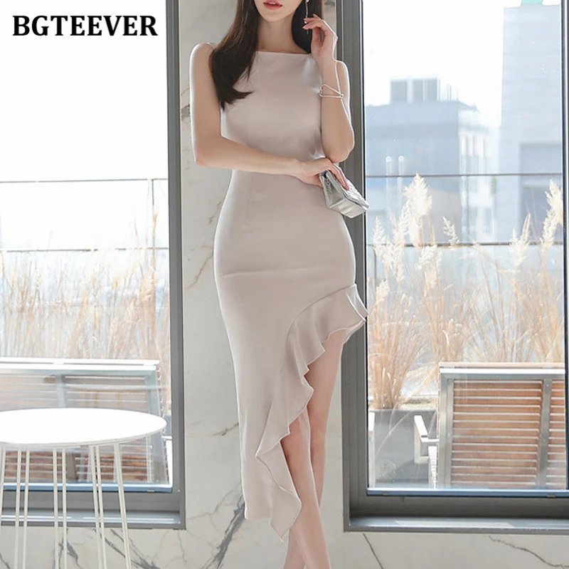 

BGTEEVER Summer Vintage Slim Waist Female Sleeveless Irregular Bodycon Dress Elegant O-neck Women Solid Package Hip Dress