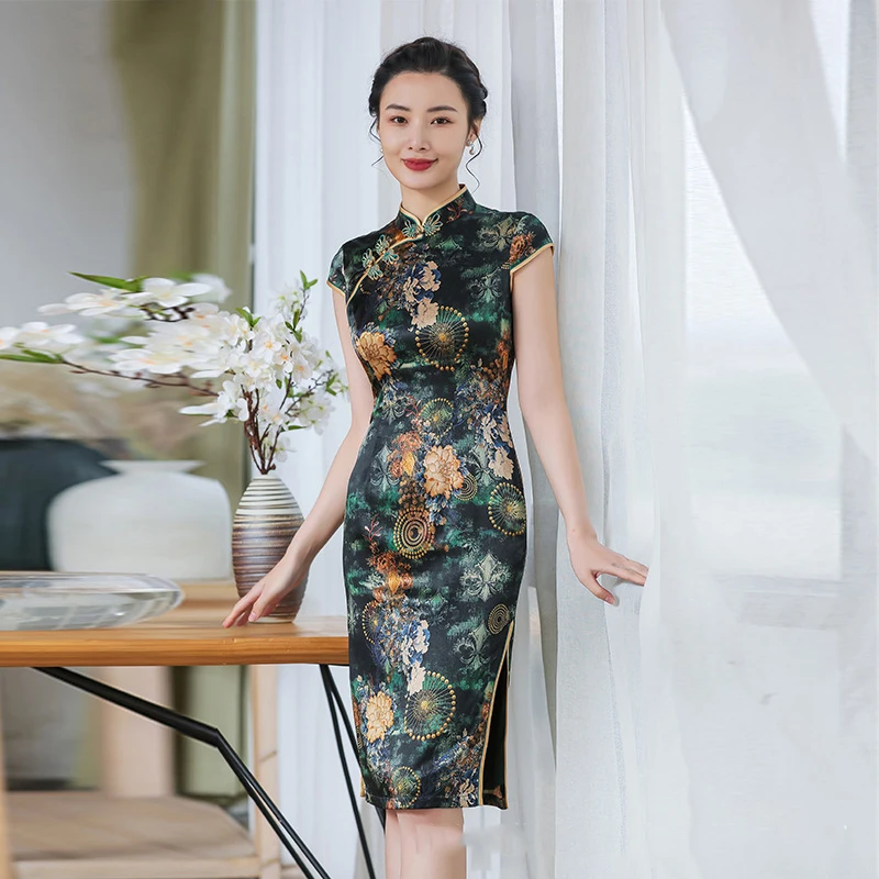 

Women Mandarin Print Flower Dress Collar Vestidos Silk Knee-length Chinese Qipao Cheongsam Formal Party Gown Side Split Dresses