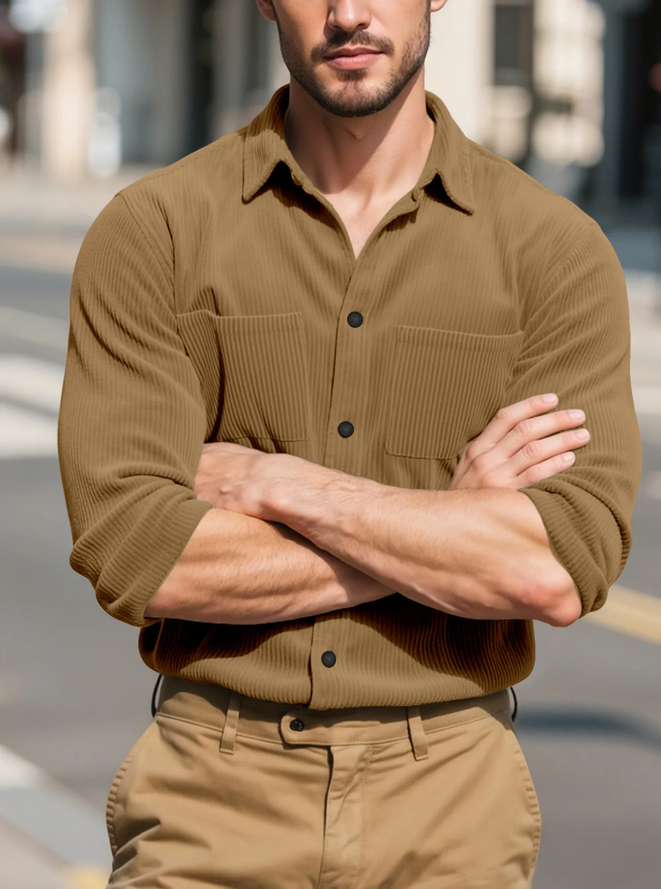 Men's Solid Corduroy Button Long Sleeve Cardigan Jacket Vintage Turn Collar Lapel Work Shirts And Blouses