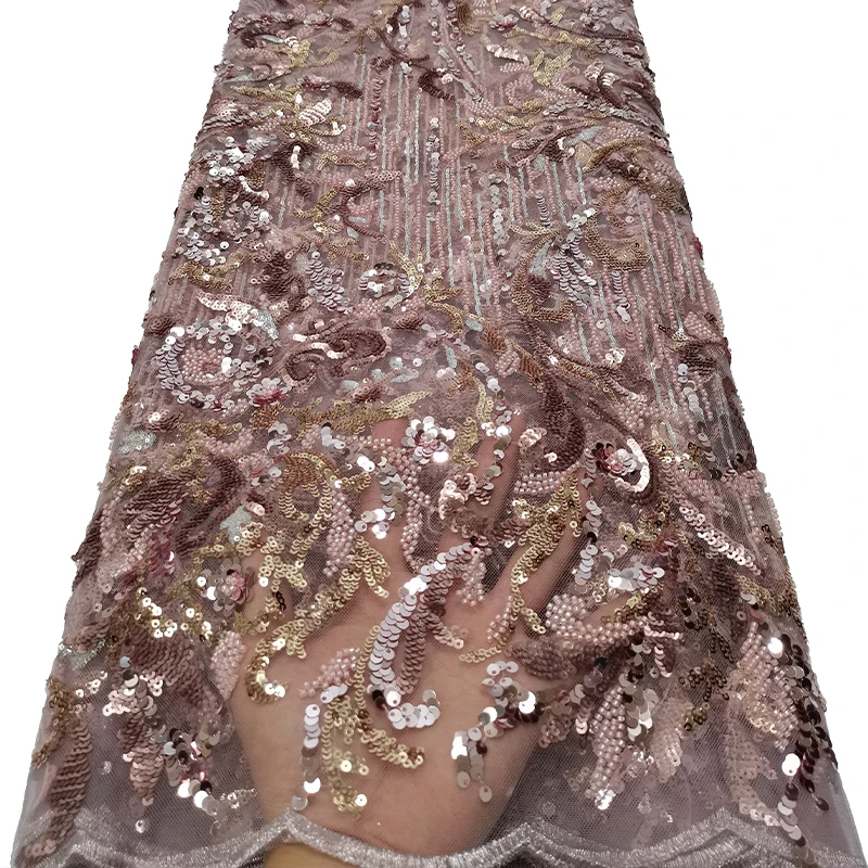 French luxurious lace mesh fabric, African high-quality beaded, branch beaded, sequin embroidered lace trim fabric