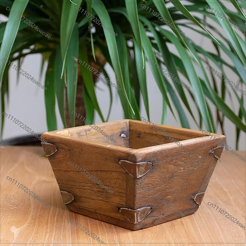 For Old-fashioned Solid Wood Attracts Wealth and Treasures, Antique Rice Bucket Creative Ornaments, Living Room Ornaments Art