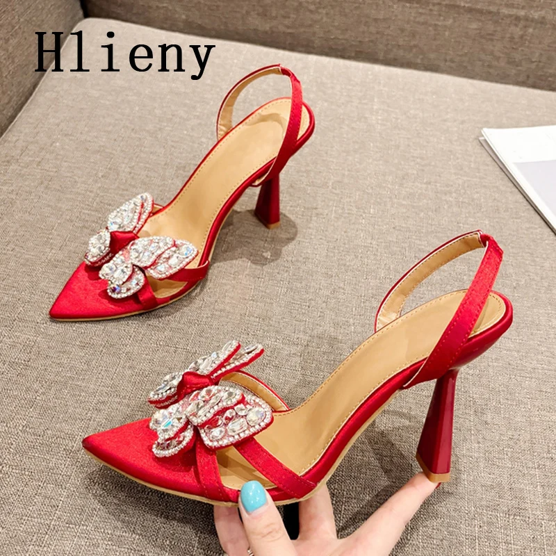 Hlieny Design Style Crystal Butterfly-knot Women Sandals Summer Pointed Toe High Heels Sexy Wedding Party Shoes Size 35-41