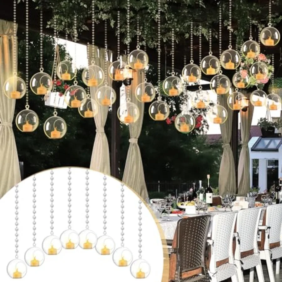 

75 Pcs Wedding Hanging Acrylic Globe Tealight Candle Holder 3.15" with Crystal Garland LED Candles for for Indoor Outdoor Backy