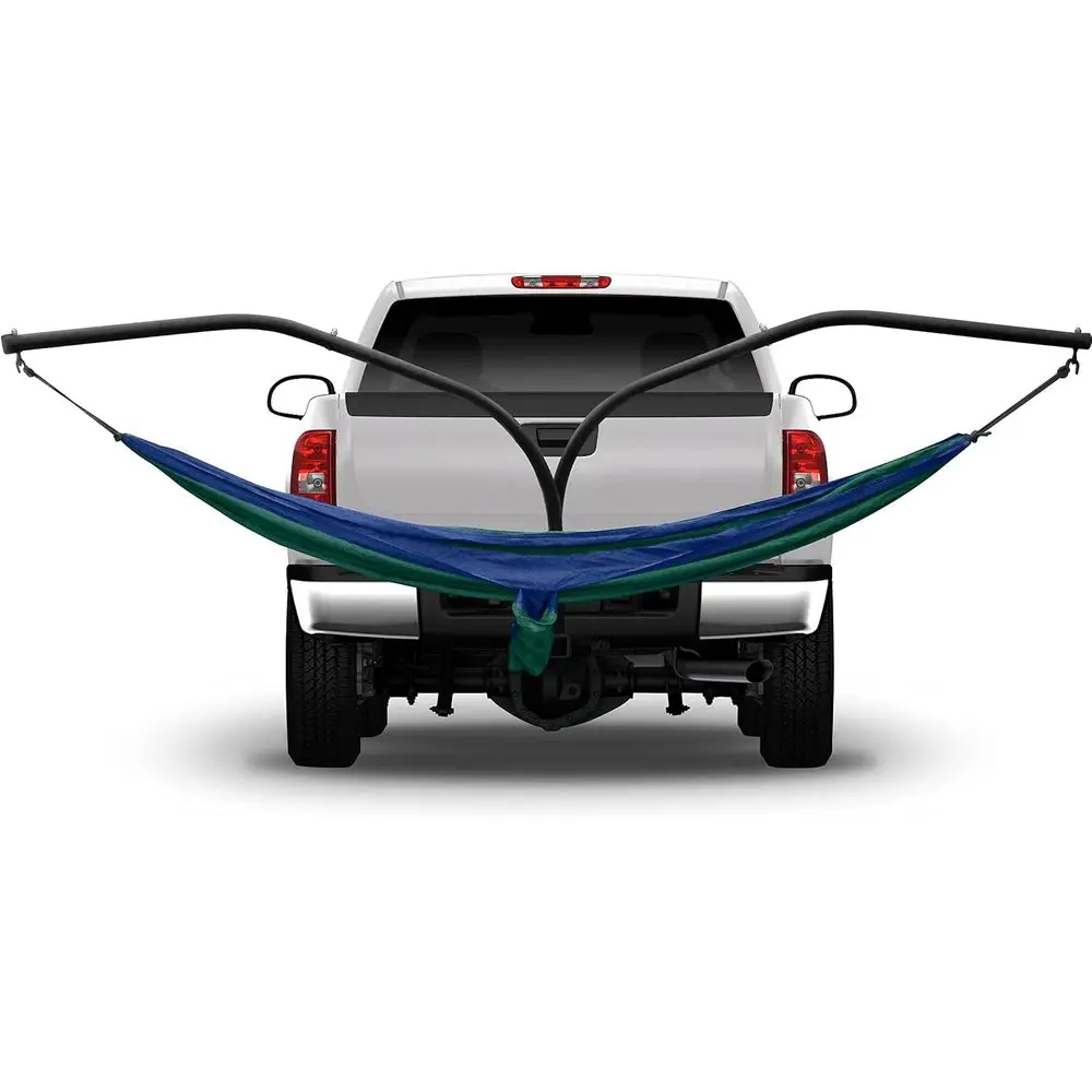 

Double Hammock Stand with Two Cradle Seats and Blue-Green Parachute Hammock