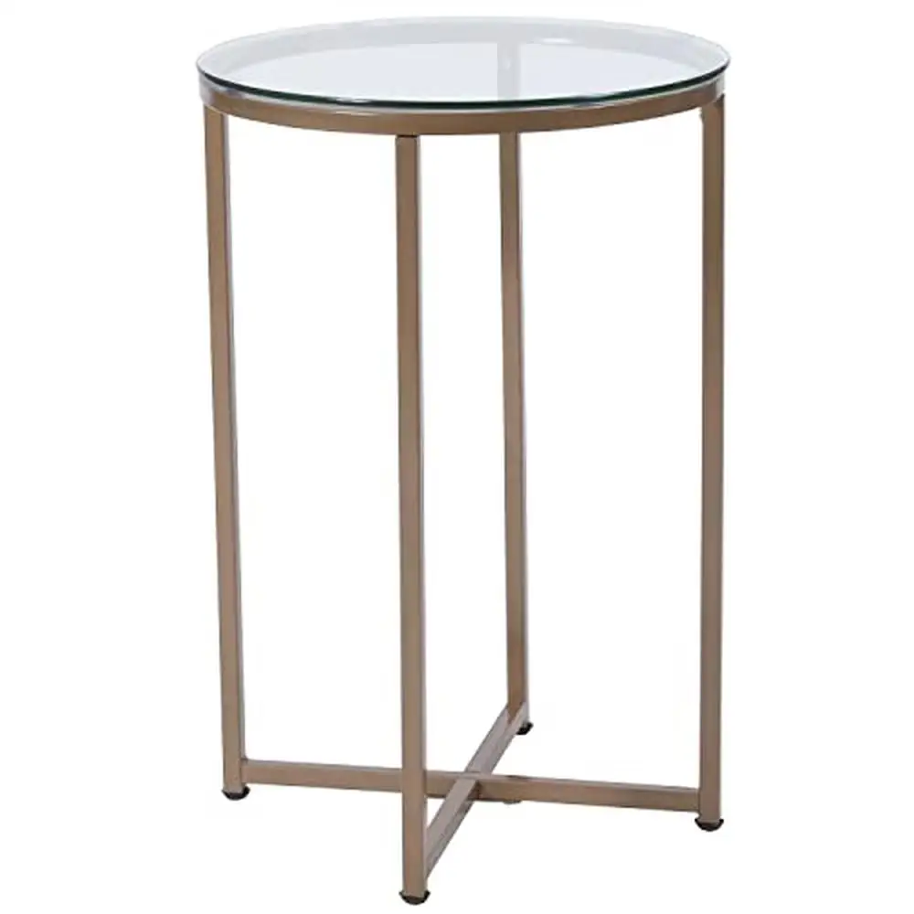 

Geometric Glass End Table Crisscross Frame Modern Accent Stand 16"x16"x23.5" Gold Metal Cross Base White Top Multipurpose