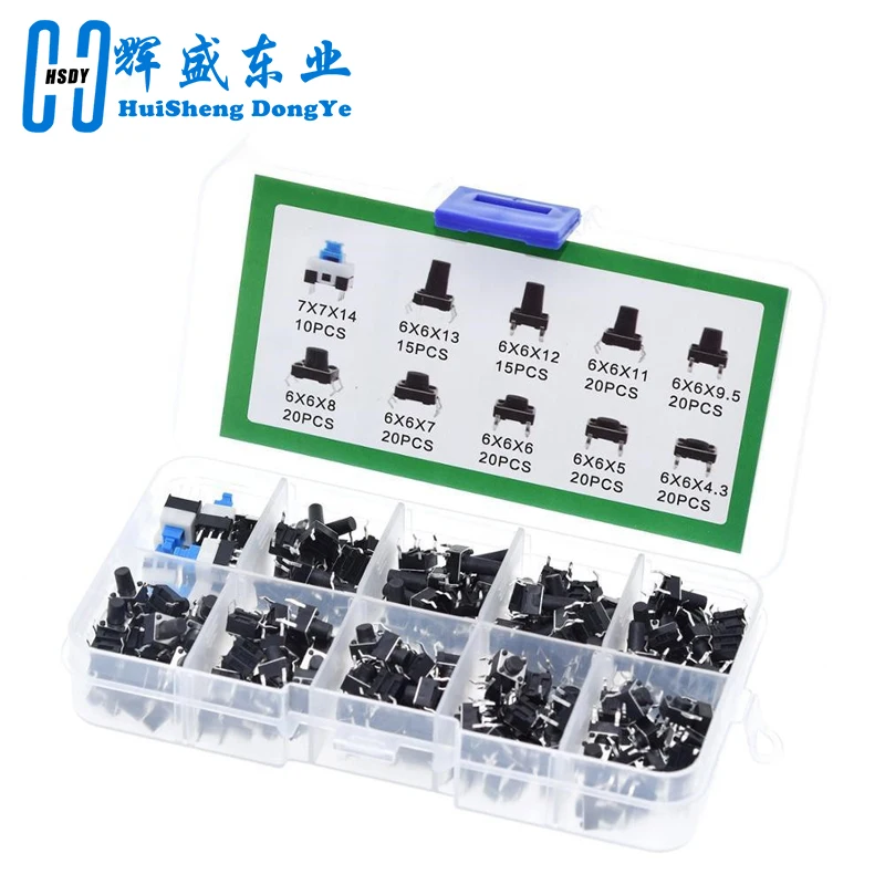 180PCS 10 Type 6*6 Light Micro Touch Switch Set Push Button Switch Kit Assortment Set DIY Tool Accessories 6x6 Keys Tact ON/OFF