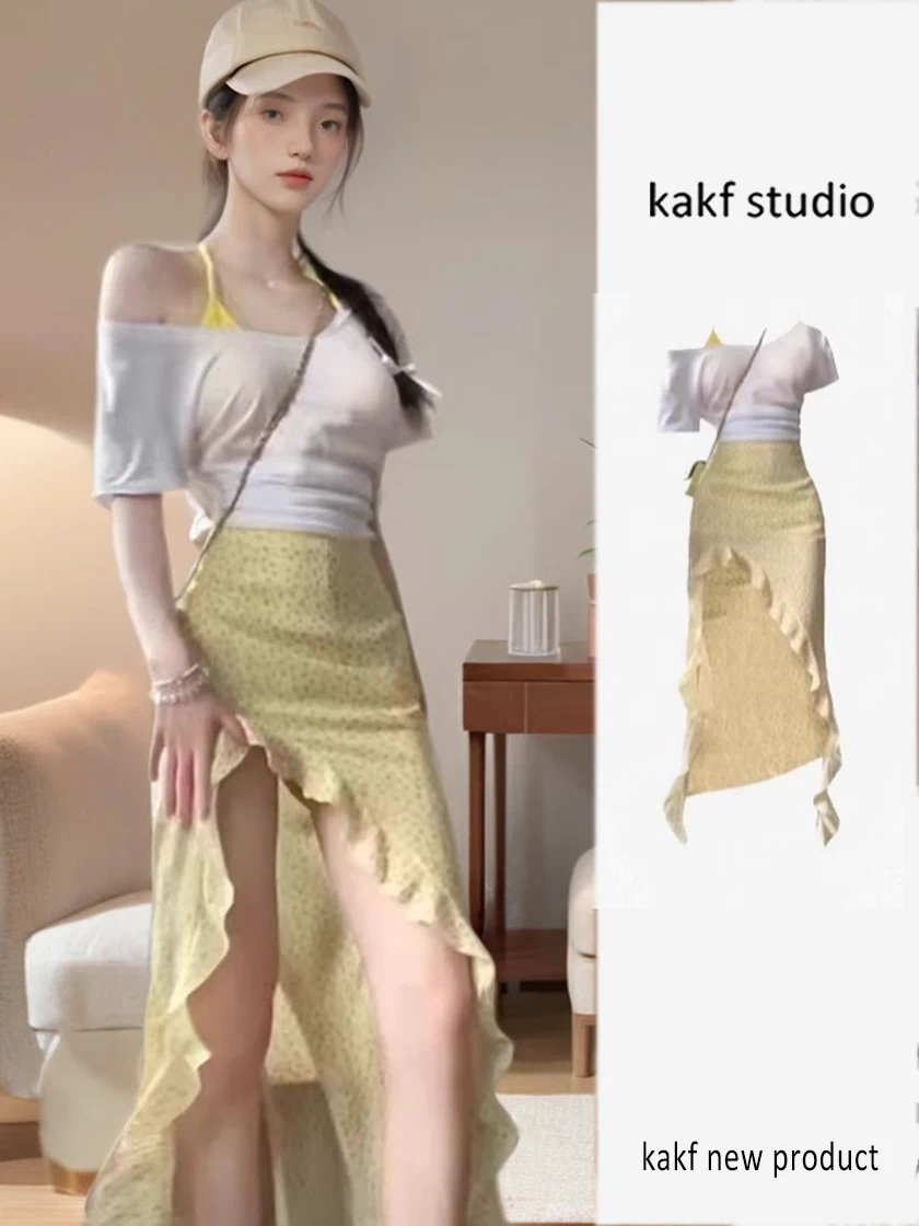 

Sweet And Spicy Street Sle f Комплект юбки Летняя коллекция Уникальный асимметричный комплект из двух предметов с фантастическим хвостом для молодых женщин