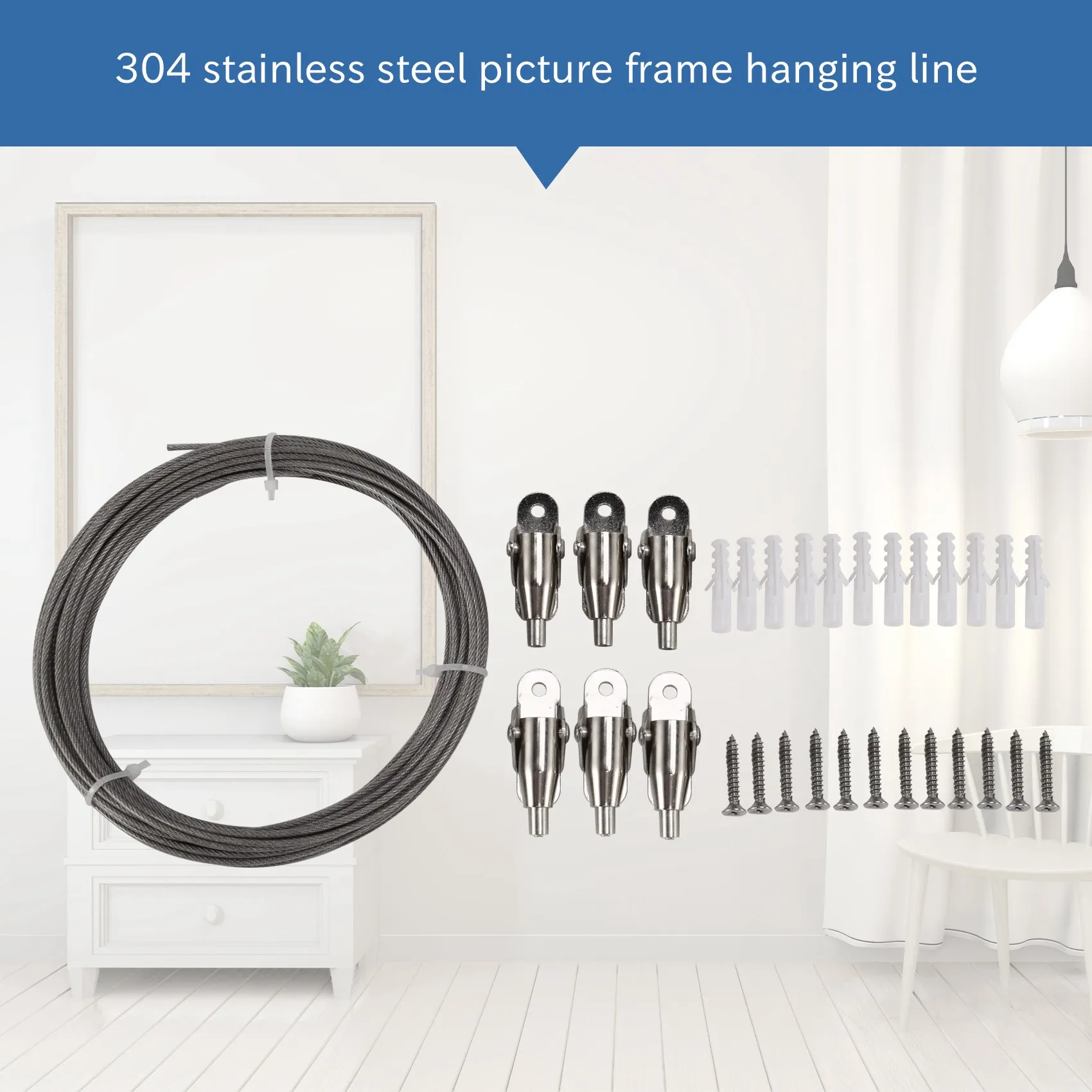 A67P-10M Stainless Steel Wire Rope PVC Coated Steel Cable Adjustable Curtain Rope Lamp Suspension Picture Wire For Hanging