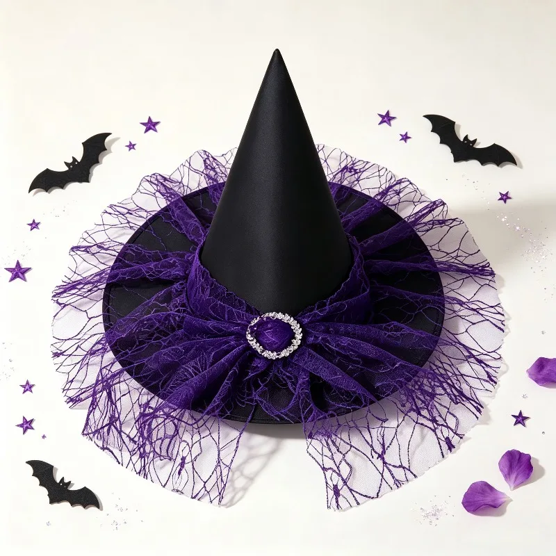 Atmosphere, Halloween Witch Headpiece, Lace Rhinestone Pointed Hat, Spider Web Lace Witch Pointed Hat, Holiday Decoration Props