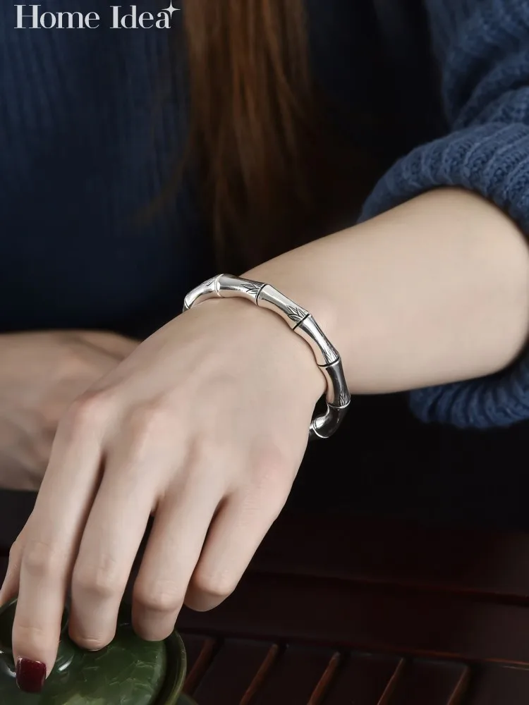 Ladies Vintage Bamboo Joint Silver Bracelet Customized Handmade 999 Pure Silver Fashion Women Versatile Opening Cuff Bracelets