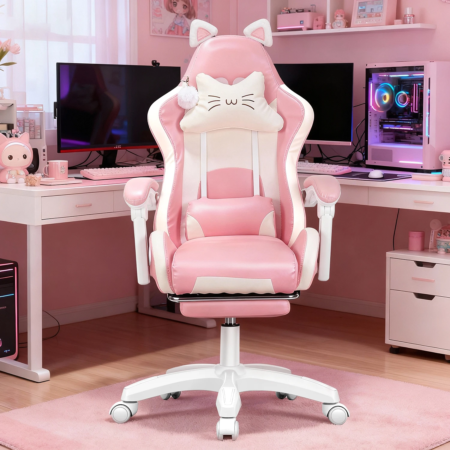 Cadeira para jogos com orelhas de gato, poltrona para computador com apoio para os pés e apoio lombar, cadeira para jogos com altura ajustável, 360 ° -Assento giratório