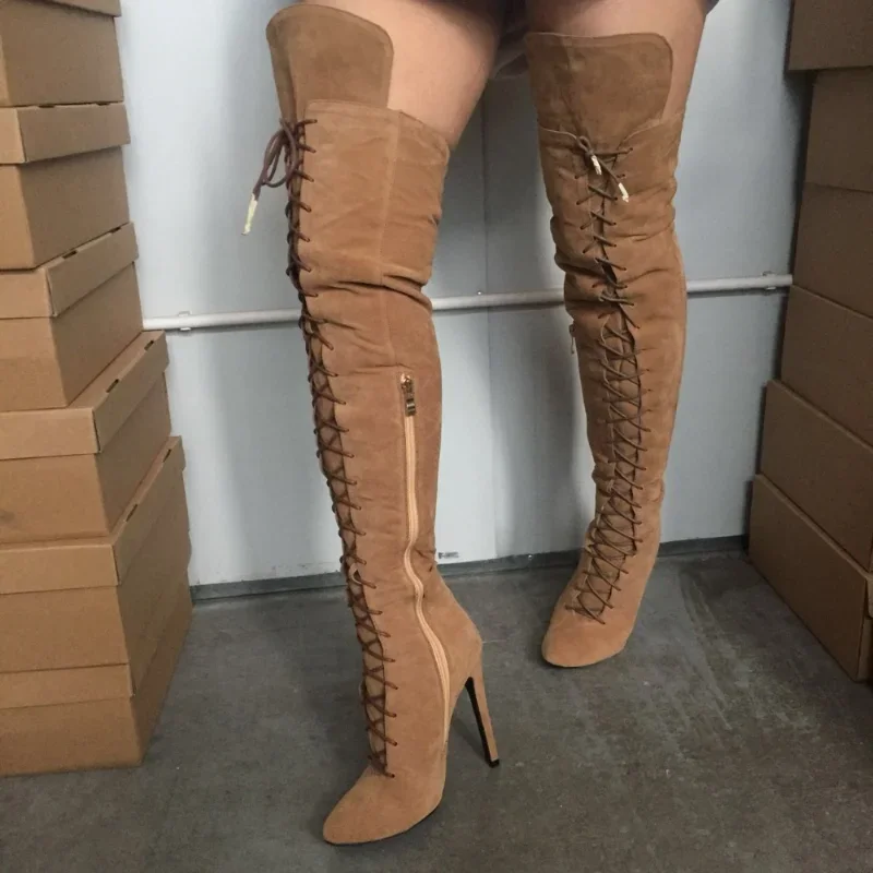 New Women Crossed tied Over The Knee Boots Pointed Toe Gladiator Lace up Thigh High Boots Side Zip Stiletto Heels Long Boots