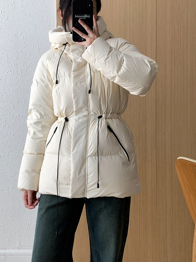 

Fashionable Women Hooded Puffer Jacket 2023 Winter Light Luxury White Duck Down Thermal Coats Casual Drawstring Snowwear Female