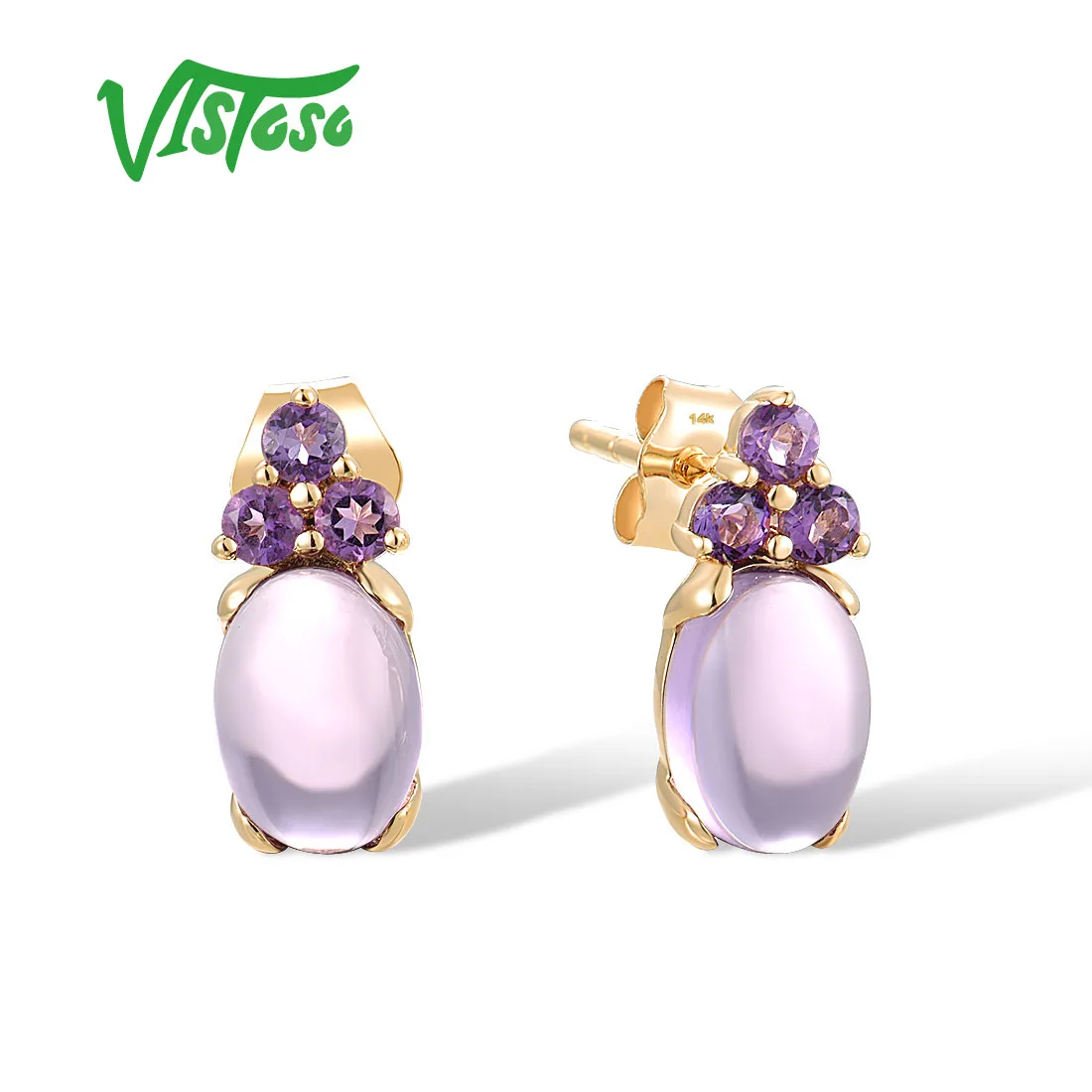 

VISTOSO Pure 14K 585 Yellow Gold Stud Earrings For Women Genuine Amethyst Delicate Classic Pink Solitaire Fashion Fine Jewelry