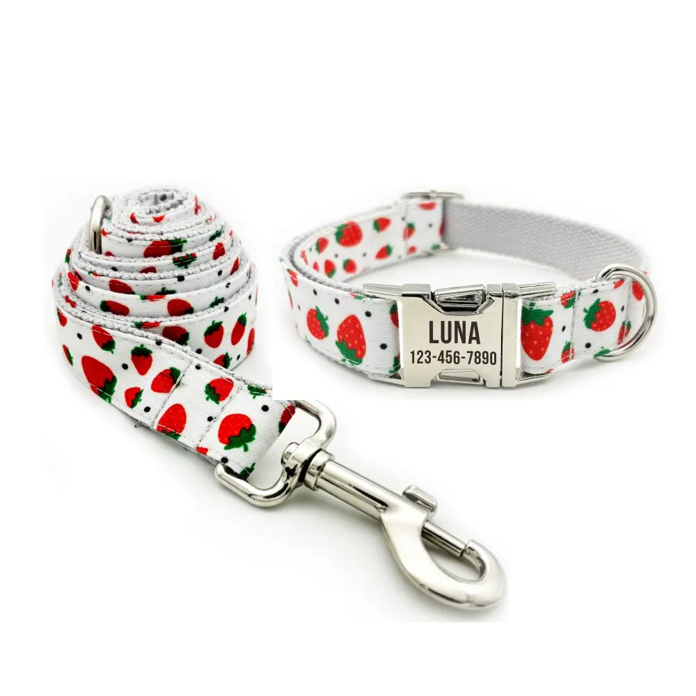 Personalized Dog Collar Customized Pet Collar Free Engraving ID Nameplate Tag Pet Strawberry Puppy Collars Leash