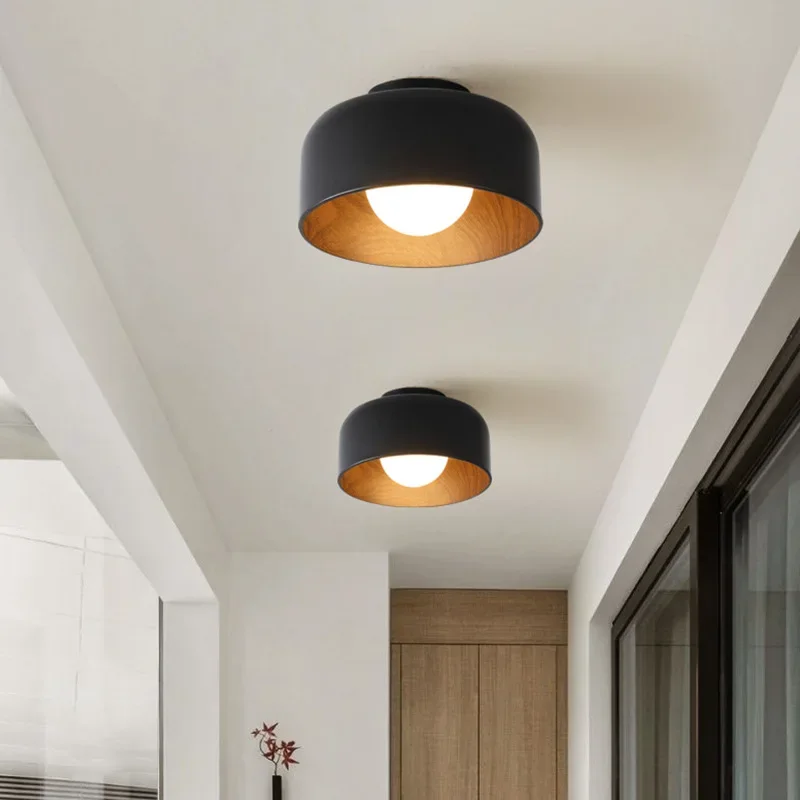

Nordic Inlet Foyer Ceiling Lamp Modern Minimalist Home Balcony Corridor Chandelier Black White Metal Imitative Wood LED Light