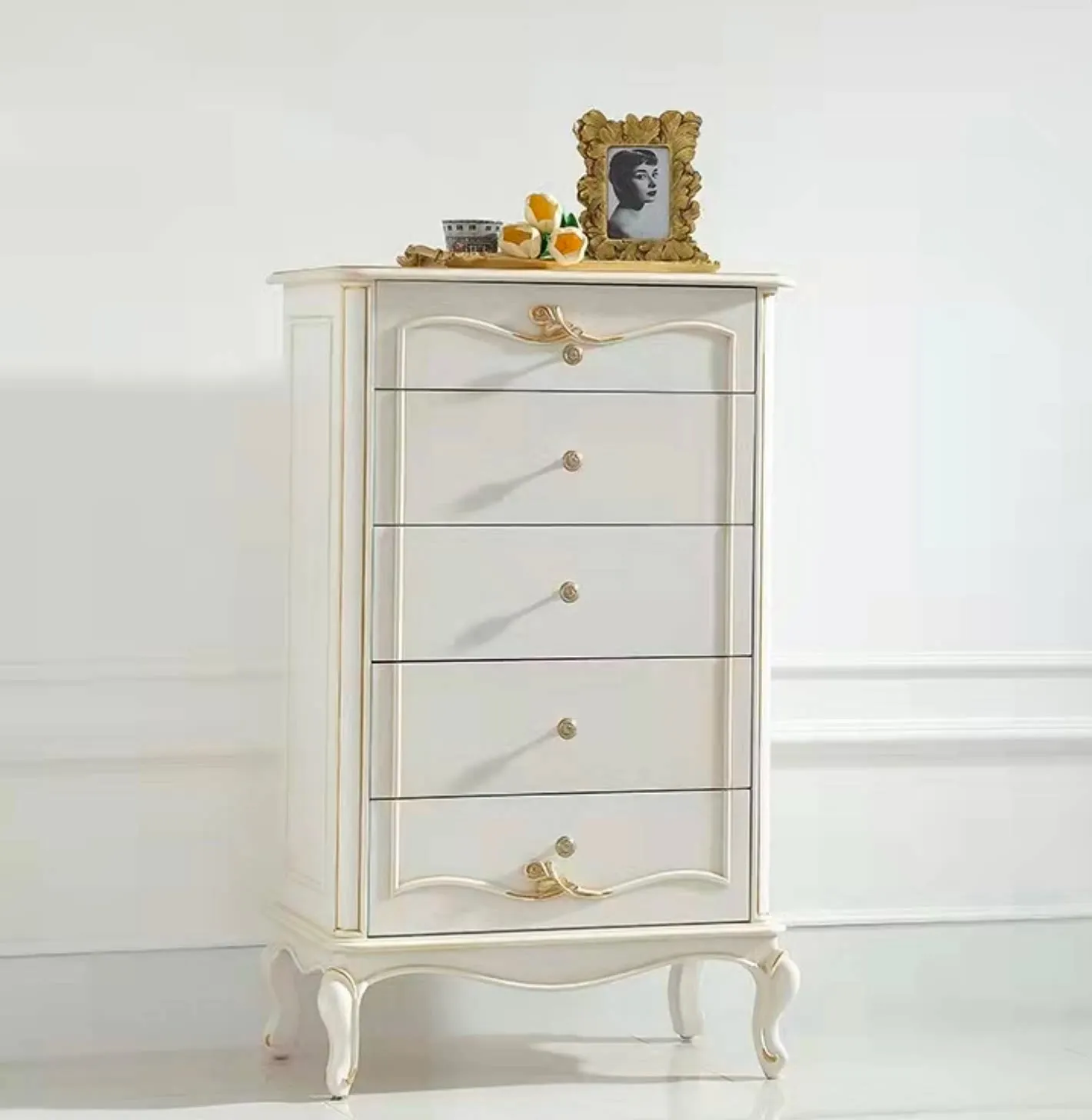CX idyllic solid wood five buckets, European white five-draw edge cabinet SE6