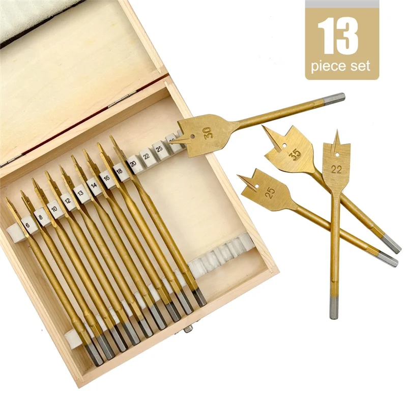 

PZHI-13Pcs Titanium Plated Flattened Drill Bit Set Hex Shank Woodworking Hole Opener 6-35Mm Easy Install Easy To Use