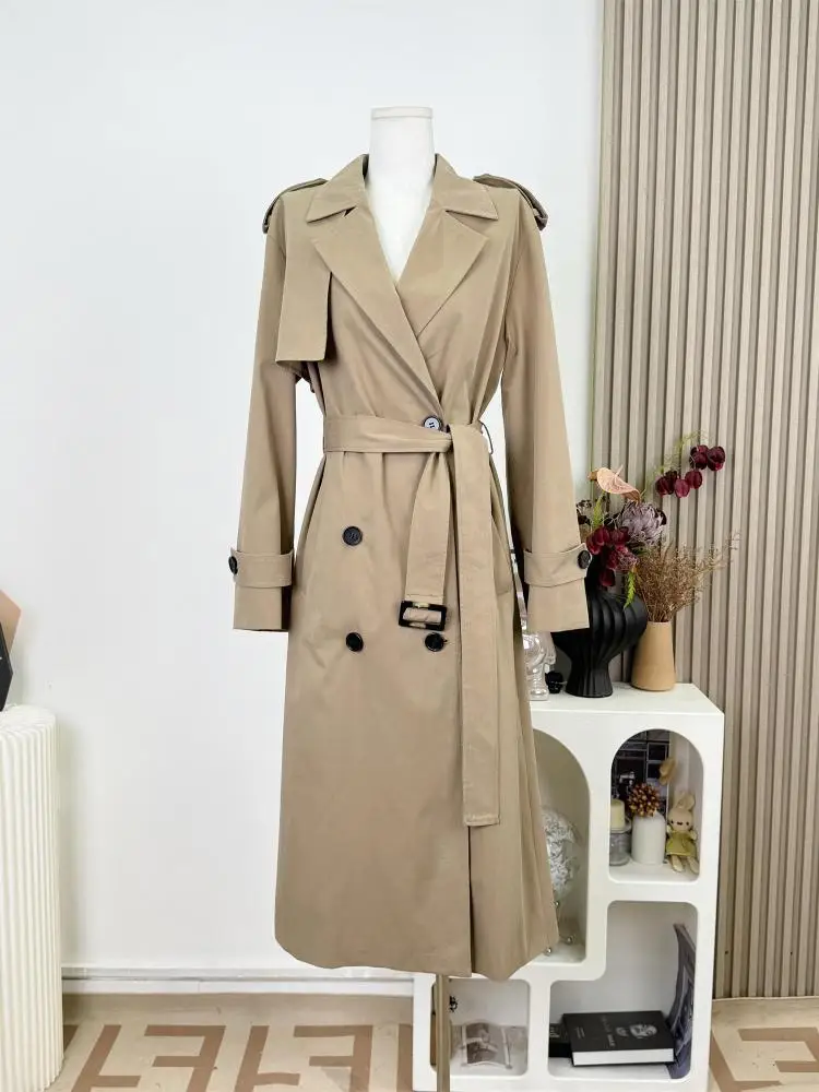

2025 Spring Autumn New Women's Khaki Double Breasted Versatile Trench Coat Korean Fashion Bandage Windbreaker Jacket Streetwear