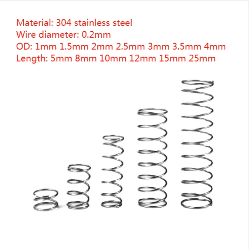 10pcs/Lot 0.2mm 304 Stainless Steel Micro Small Compression Spring OD 1/1.5/2/2.5/3/3.5/4mm  Length 5mm 8mm 10mm 12mm 15mm 25mm