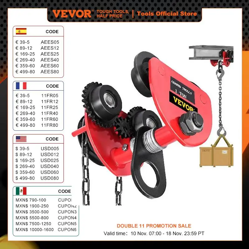 VEVOR 1/2 T Push Beam Trolley 2200/4400 lbs Gear Manual Hand Push Beam Heavy Duty Running Cat Hoist Lifting Kit Chain Conveyor