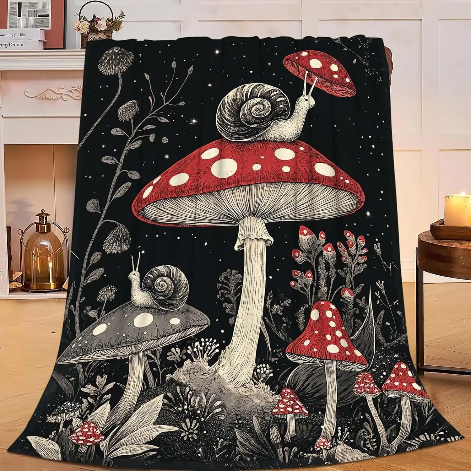 Black Background Amanita Mushroom Snail Wild Floral Fleece Blanket Cozy Light Throw For Bed Living Room Travel Cottagecore Decor