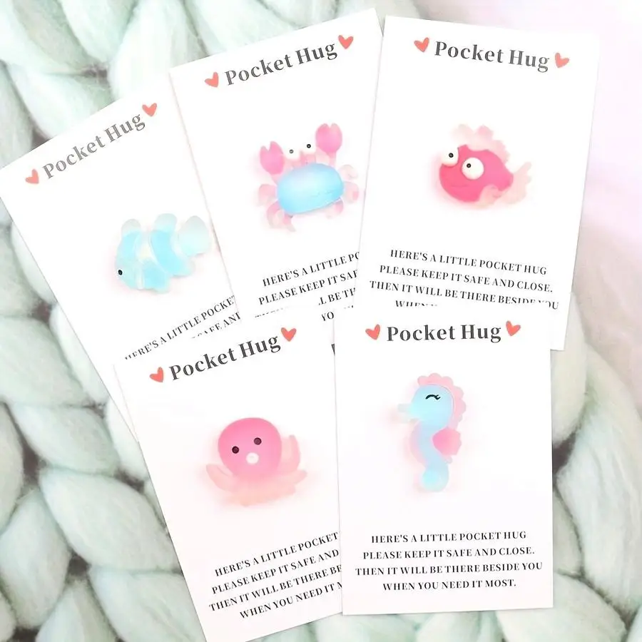 1/5/10/20/50/100pcs Cute Ocean Animal Pocket Hugs | Resin Seahorse, Starfish, Jellyfish, Crab with Inspirational Cards | Encoura