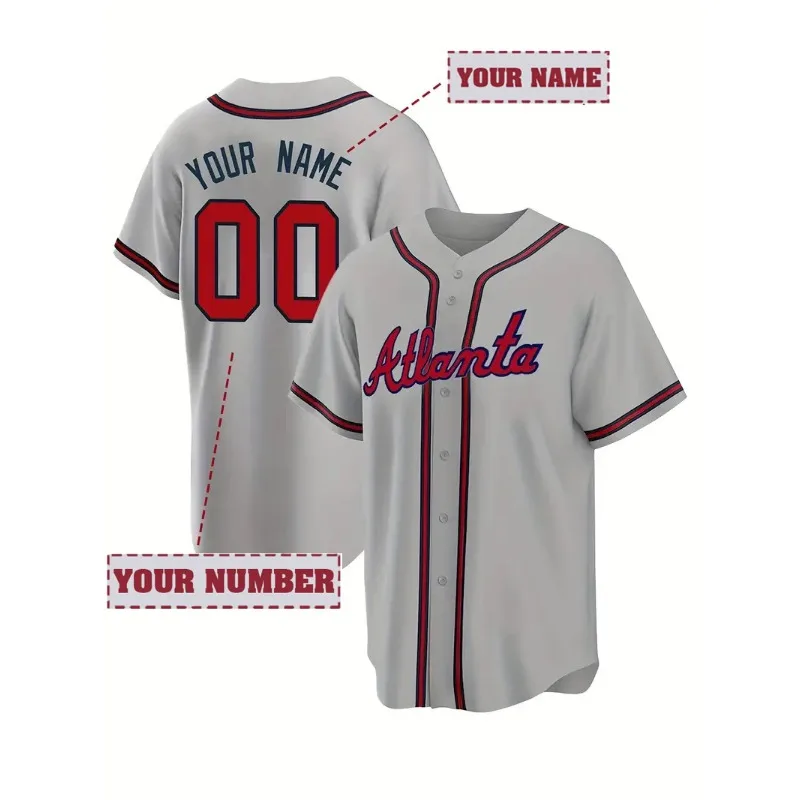 Customized Name And Number Men's Embroidery Baseball Jersey Atlanta Grey V-Neck Personalized Short Sleeve Button Down Shirts