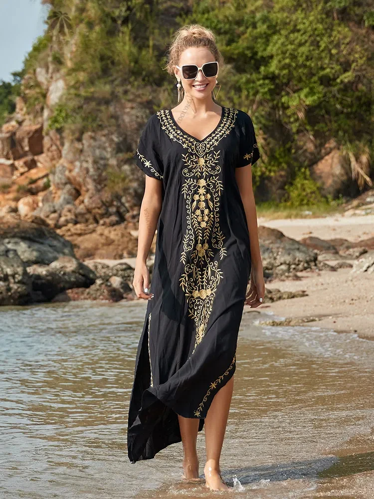 Embroidery Beach Cover Up Saida de Praia Swimsuit Women Bikini Cover Up Tunics for Beach Pareo Sarong Beachwear #Q790