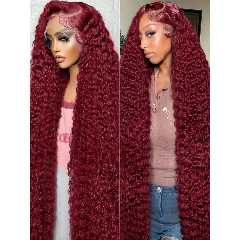 

34-дюймовый парик из натуральных волос с глубокой волной, цвет бургунди 99J, 13x4 HD кружевной фронтальный парик, плотность 250%, предварительно снятая линия роста волос, без клея, красные кудрявые волосы