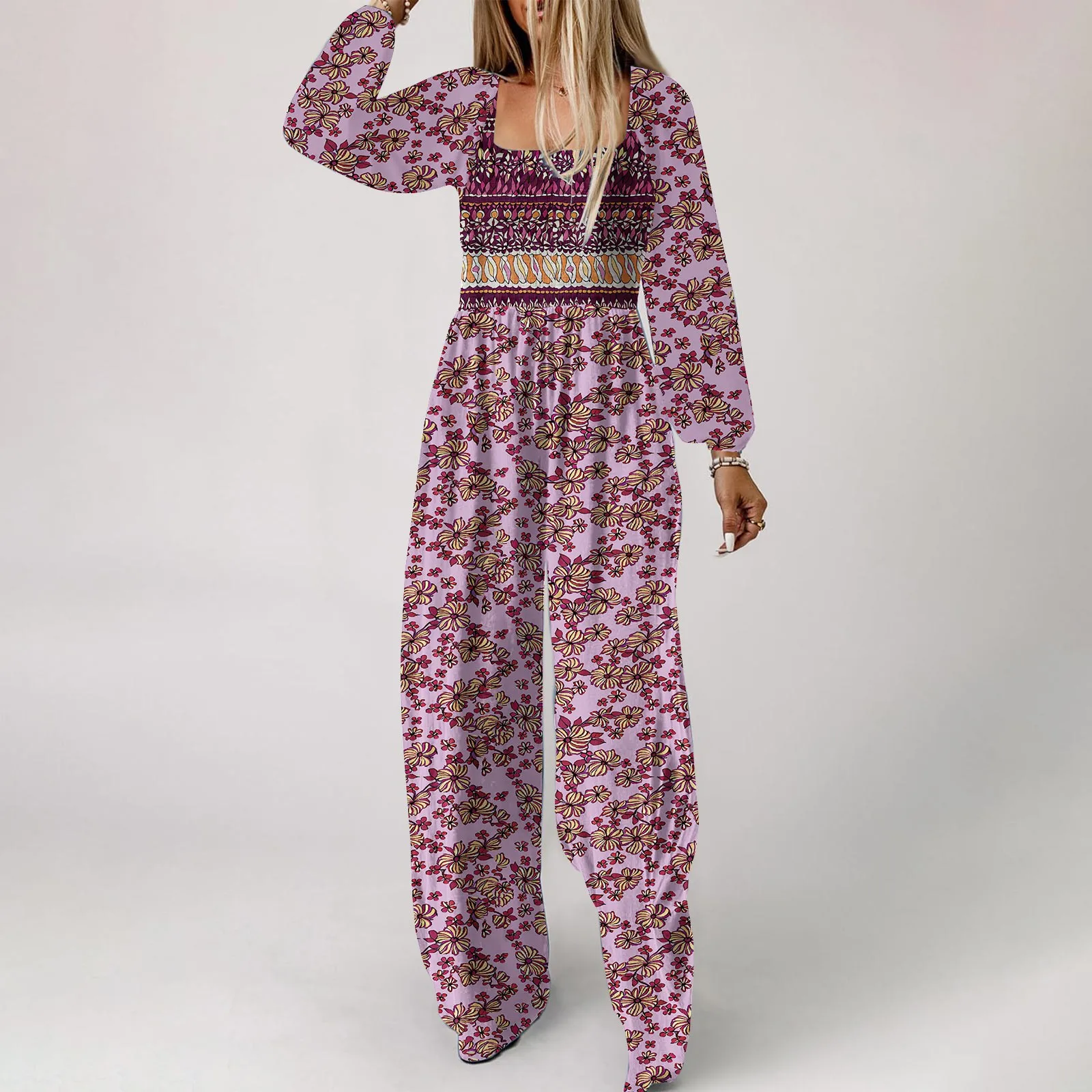 Damen Temperament Blumen Overall lässig quadratischen Hals Langarm weites Bein Hosen Mode weibliche Boho-Stil Urlaub Spiel anzug