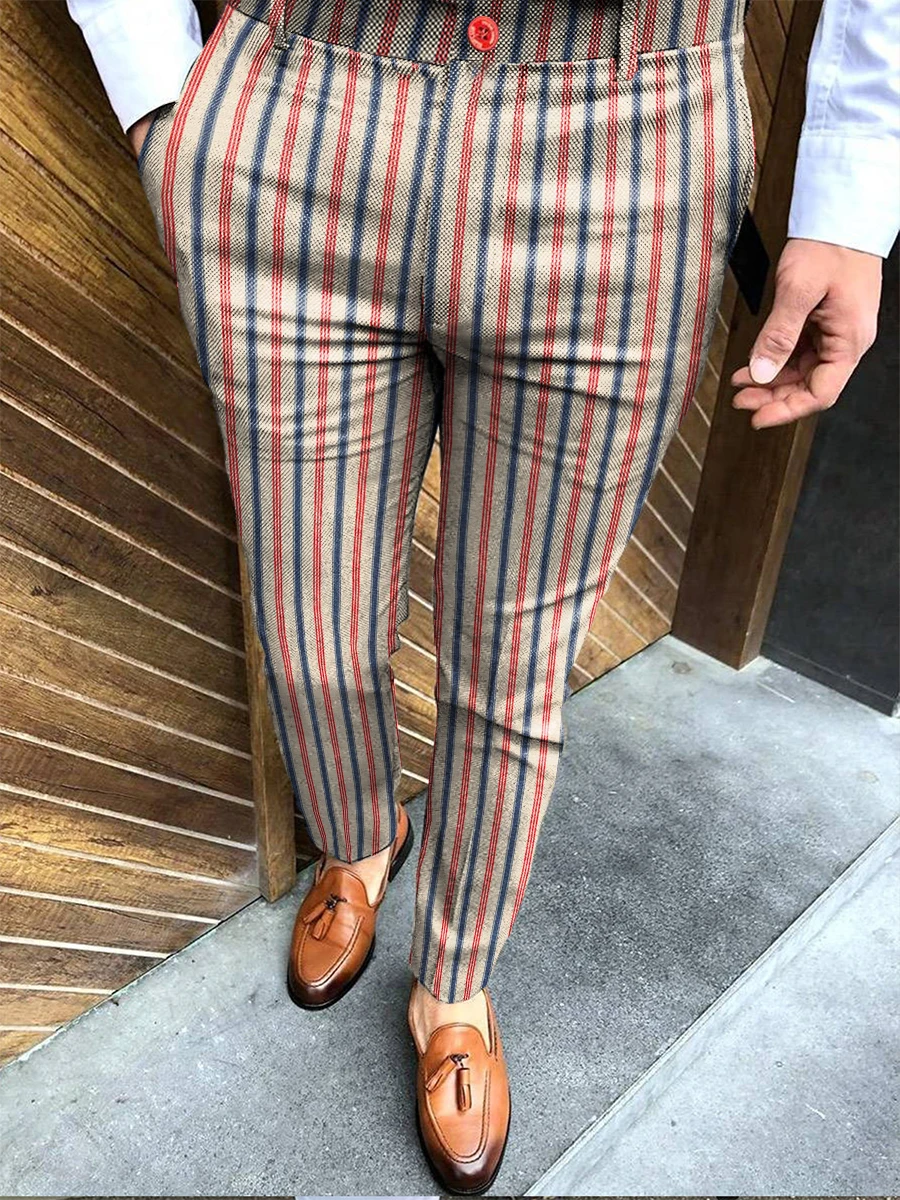 Summer Men\'s Fashion Striped Straight Pants 3D Printed Small Feet Comfortable Business Casual Pants Suit Pants