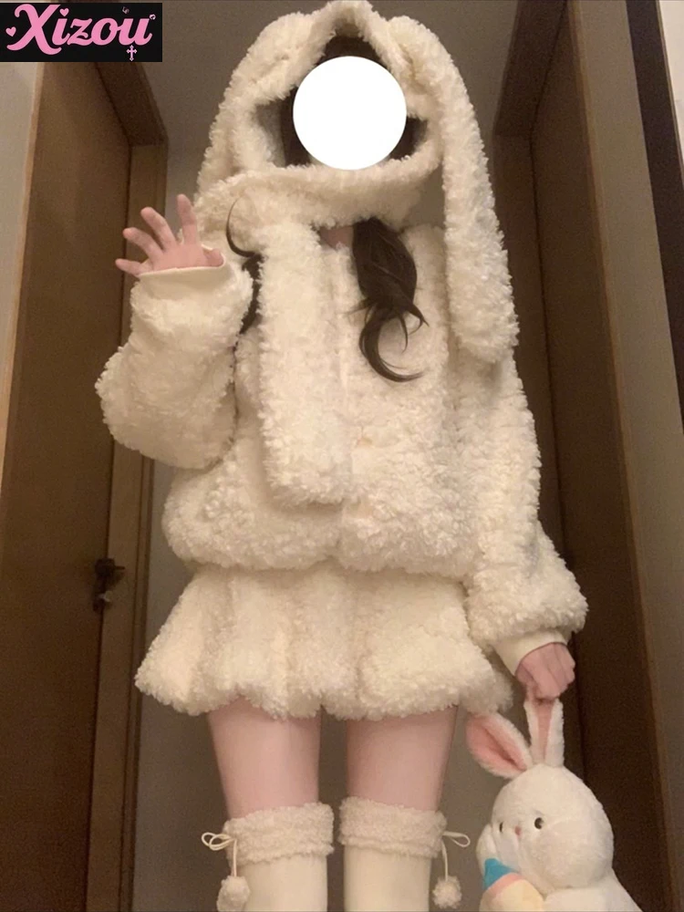 

Kawaii Soft Cute Girl White Lamb Wool Coat Women's 2025 New Winter Thickened Cute College Style Small Skirt Two-piece Lolita Set
