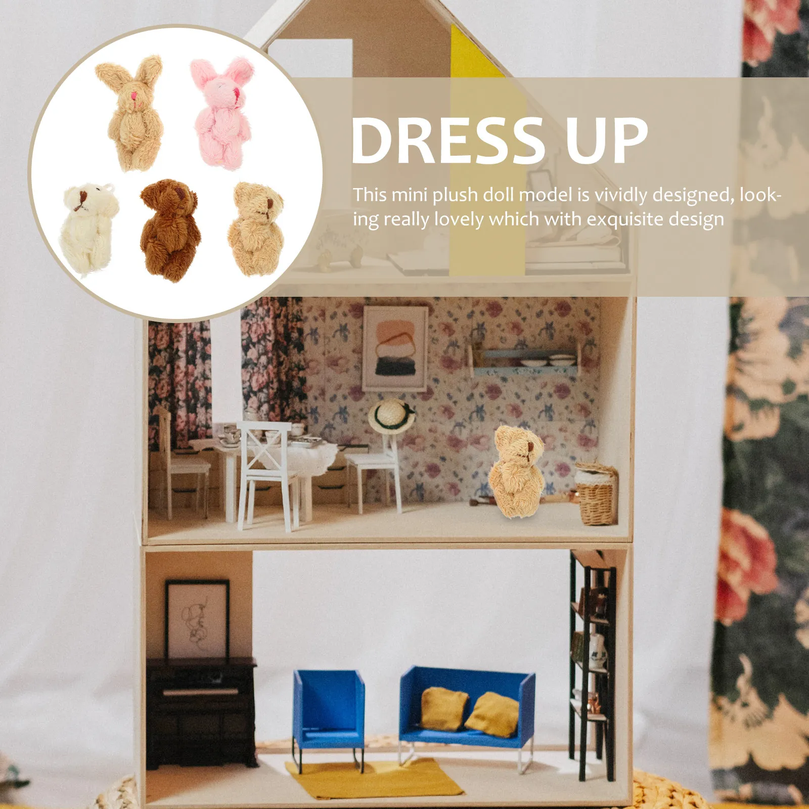 

5Pcs Miniature House Animal Soft Figures Cute Mini Bear Rabbit Props Kids Miniature Room Accessories Decor House