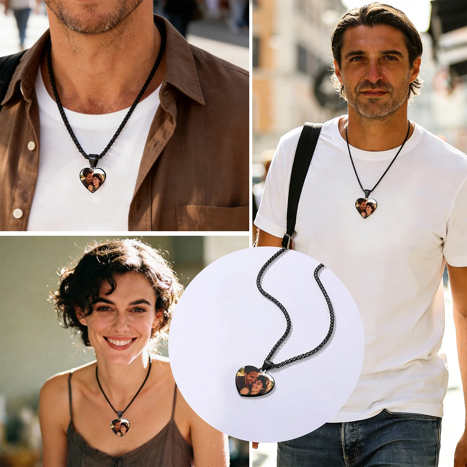 Personalized Heart Photo Necklace Custom Text Color Picture Memorial Gift For Men Couple Dad Husband Stainless Steel Pendant
