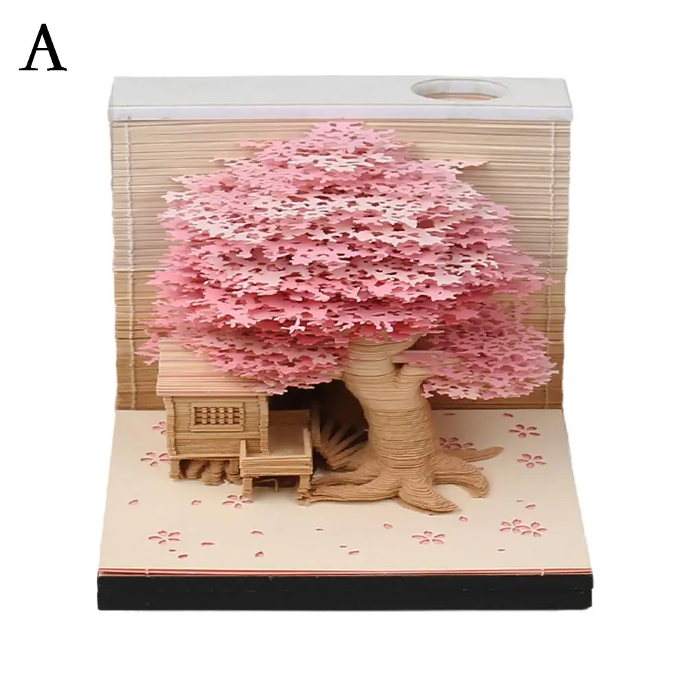 Notepad Calendar 2025 3D Note Paper Carving Model Four Seasons Tree With Light Sticky Note Cube Pen Holder Office Accessories