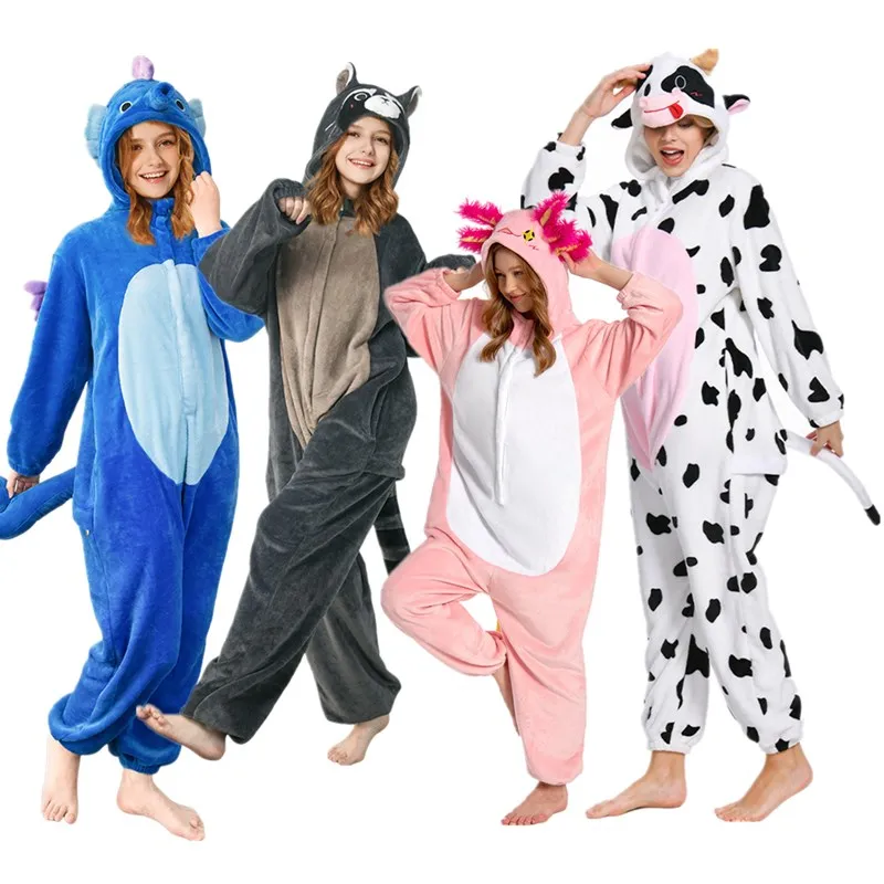 Cartoon Animal Pajamas Adult Cow Cosplay Flannel Sleepwear Bear Raccoon Jumpsuit Costume Outfits Halloween Carnival Party Suit