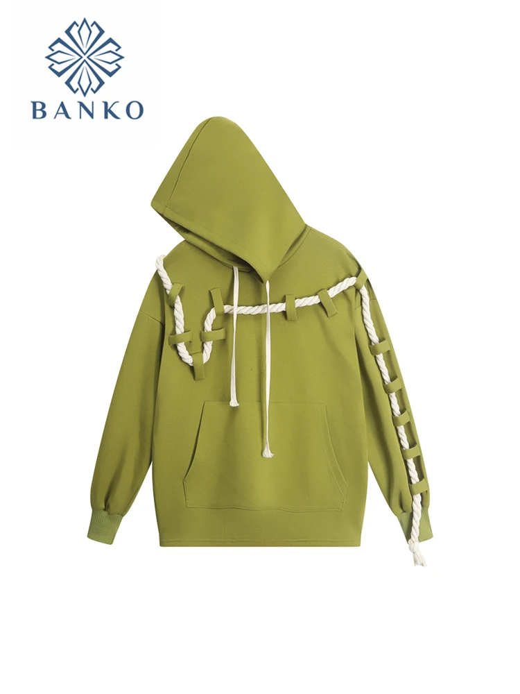 2023 Korean Women Y2K High Street Green Pullover Hoodies Streetwear Baggy Sweatshirts Drawstring Design Fashion Autumn Winter