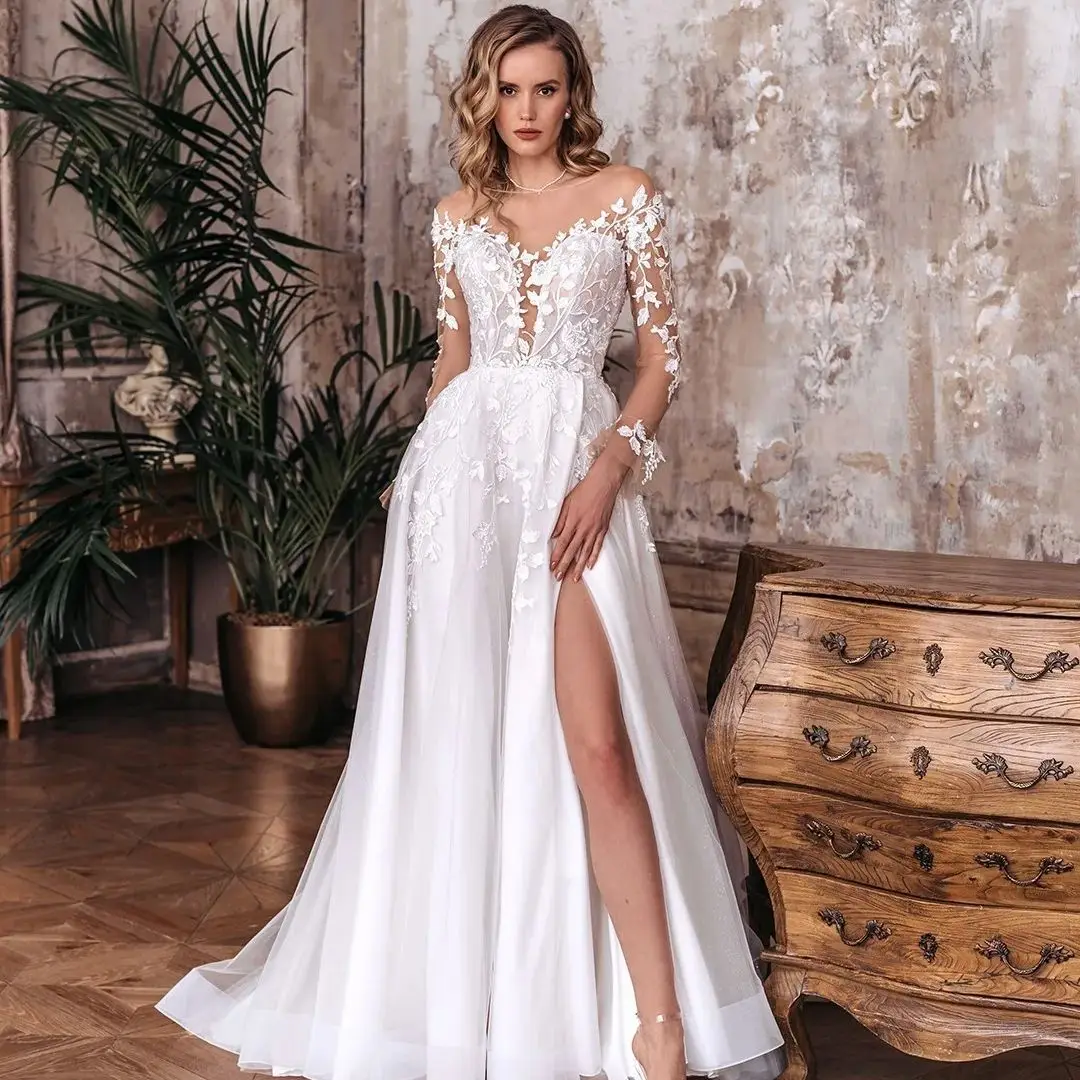 Boho Wedding Dresses for Bride Vestidos Novia Lace Appliques Full Sleeves Bridal Guest Gown with Slit Beach Rode De Moriee