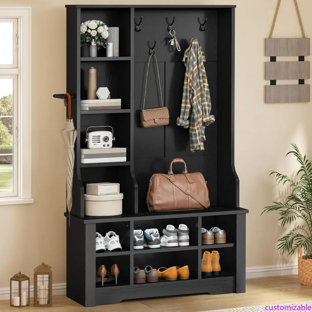 

Скамья для хранения дерева в прихожей с 6 отделениями для обуви, 5 крючками и 4 боковыми отделениями для прихожей