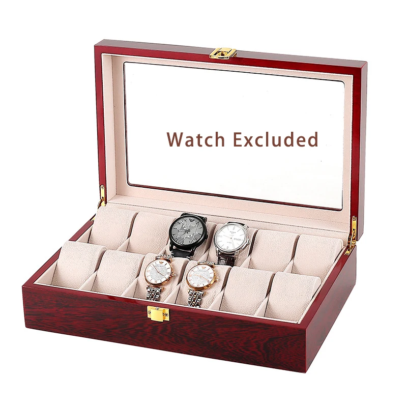 Wooden Watch Case Box Display Jewelry Holder Organizer for Men with Large Glass Lid and Removable Watch Pillow for Men and Women