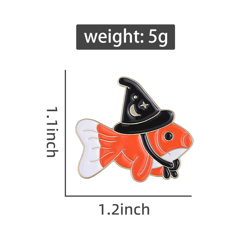 Goldfish Enamel Pins Custom Witch Hat Brooches Shirt Collar Lapel Badges Cute Funny Animal Wizard Jewelry Gift for Kids Friends