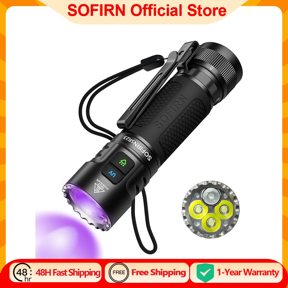 NEW SOFIRN SR23 3300LM Flashlight 6500K UV 365nm EDC Light 21700 USB C Rechargeable Dual Switch Torch with Magnetic Tailcap