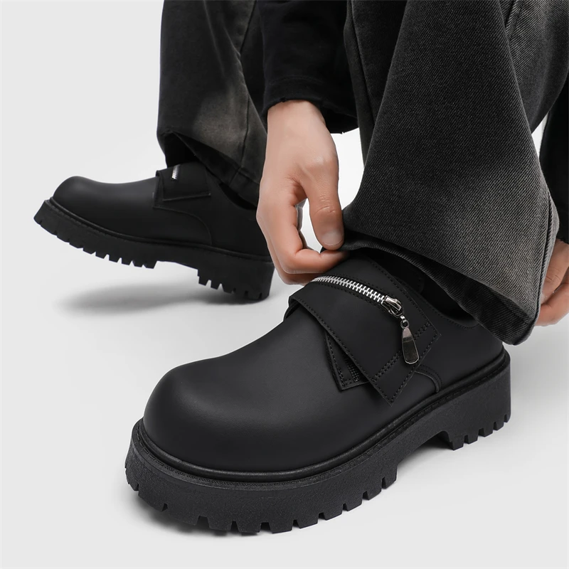 Herren-Lederschuhe: Chunky-Soled Derby-Schuhe mit Reißverschluss und breiter Zehenpartie im Casual-Loafer-Stil # Business British Formal Luxury Black Driving46