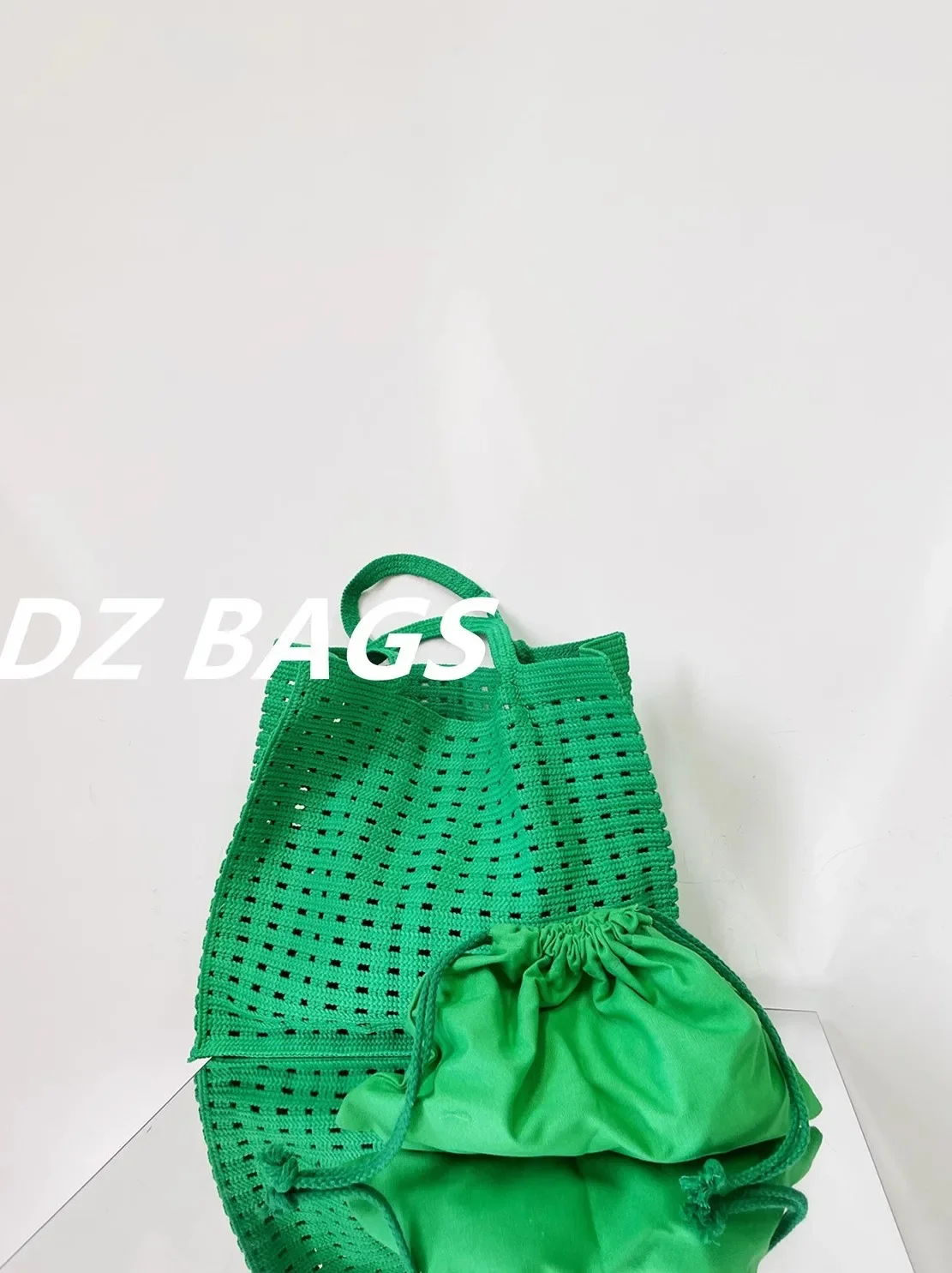 Woven Waffle Hollow Mesh Lattice Bag Large Capacity Portable Tote Bag Handmade Yarn Crochet Bag