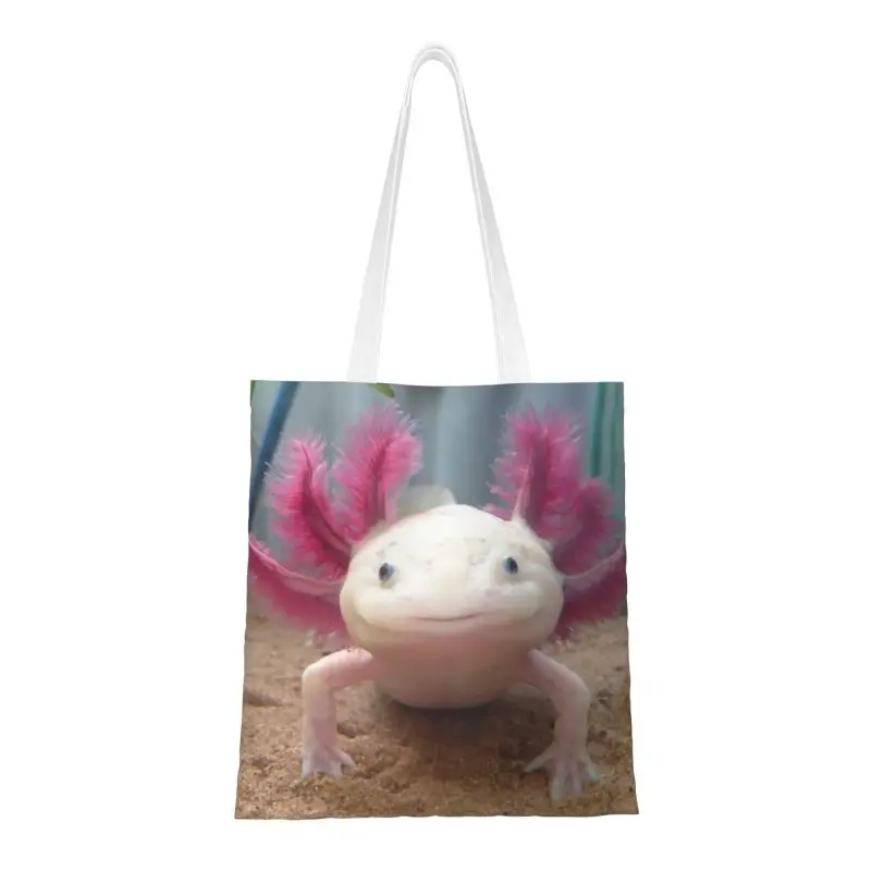 

Cute Smiling Leucistic Axolotl Shopping Tote Bags Recycling Ambystoma Mexicanum Canvas Groceries Shopper Shoulder Bag