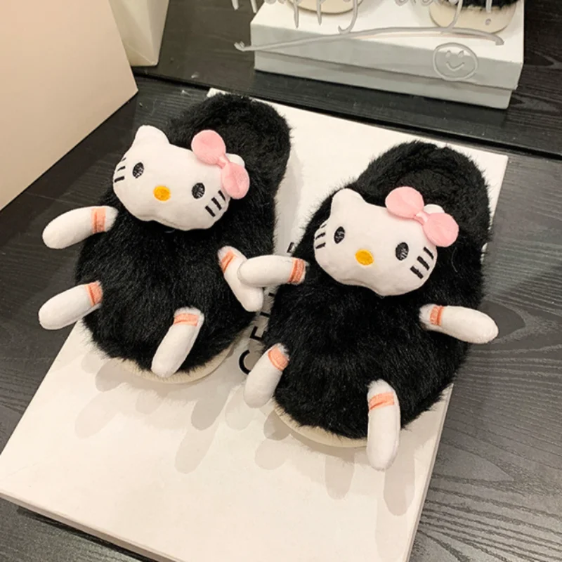 Sanrio Hello Kitty carino divertente nero soffici pantofole da donna autunno e inverno nuovo fondo spesso caldo cartone animato borsa testa mop di cotone