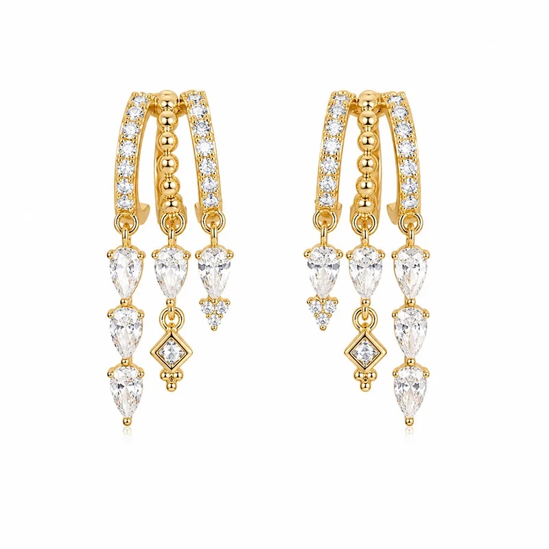 14K vergoldete trendige Dreifach-Hängeohrringe für Damen, CZ-Wassertropfen-Ohrringe, zierliche hypoallergene Alltagsschmuckstücke, Partygeschenke – Detail 1